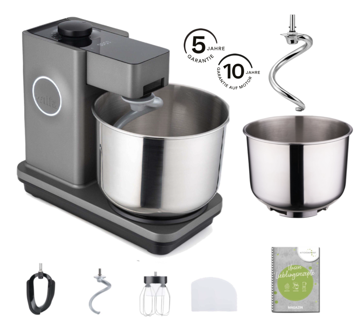 Wilfa Küchenmaschine Probaker Timer grau - Schüssel Set inkl. Edelstahlknethaken