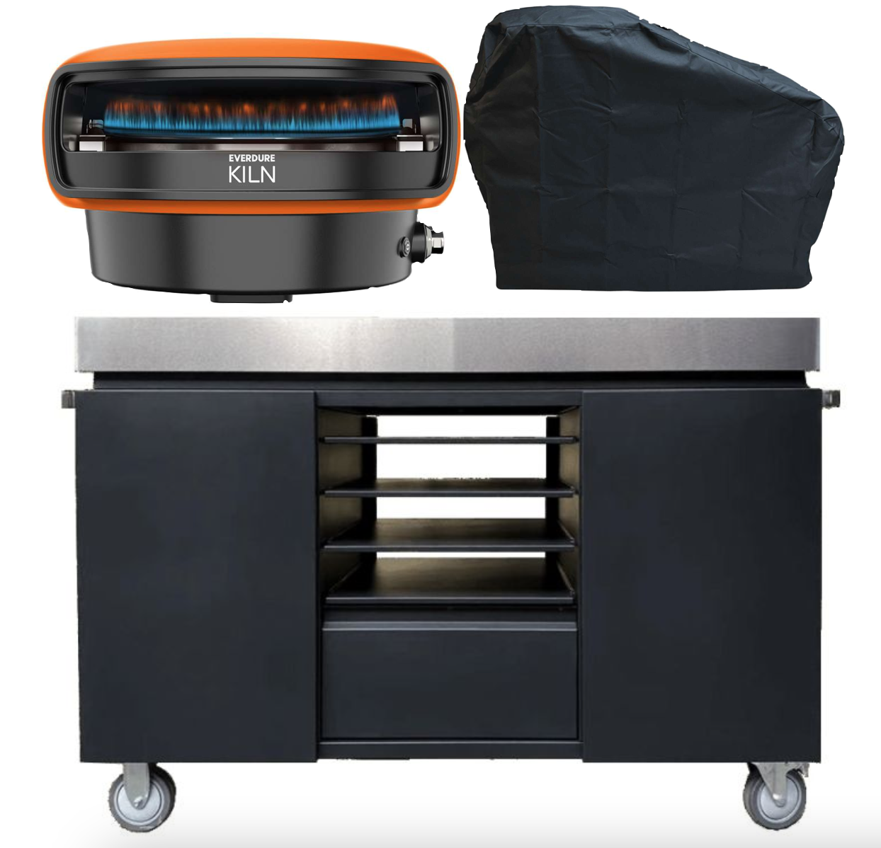 Everdure KILN Pizzaofen 2 Brenner rotierend terracotta mit Pizza Station und Abdeckhaube schwarz
