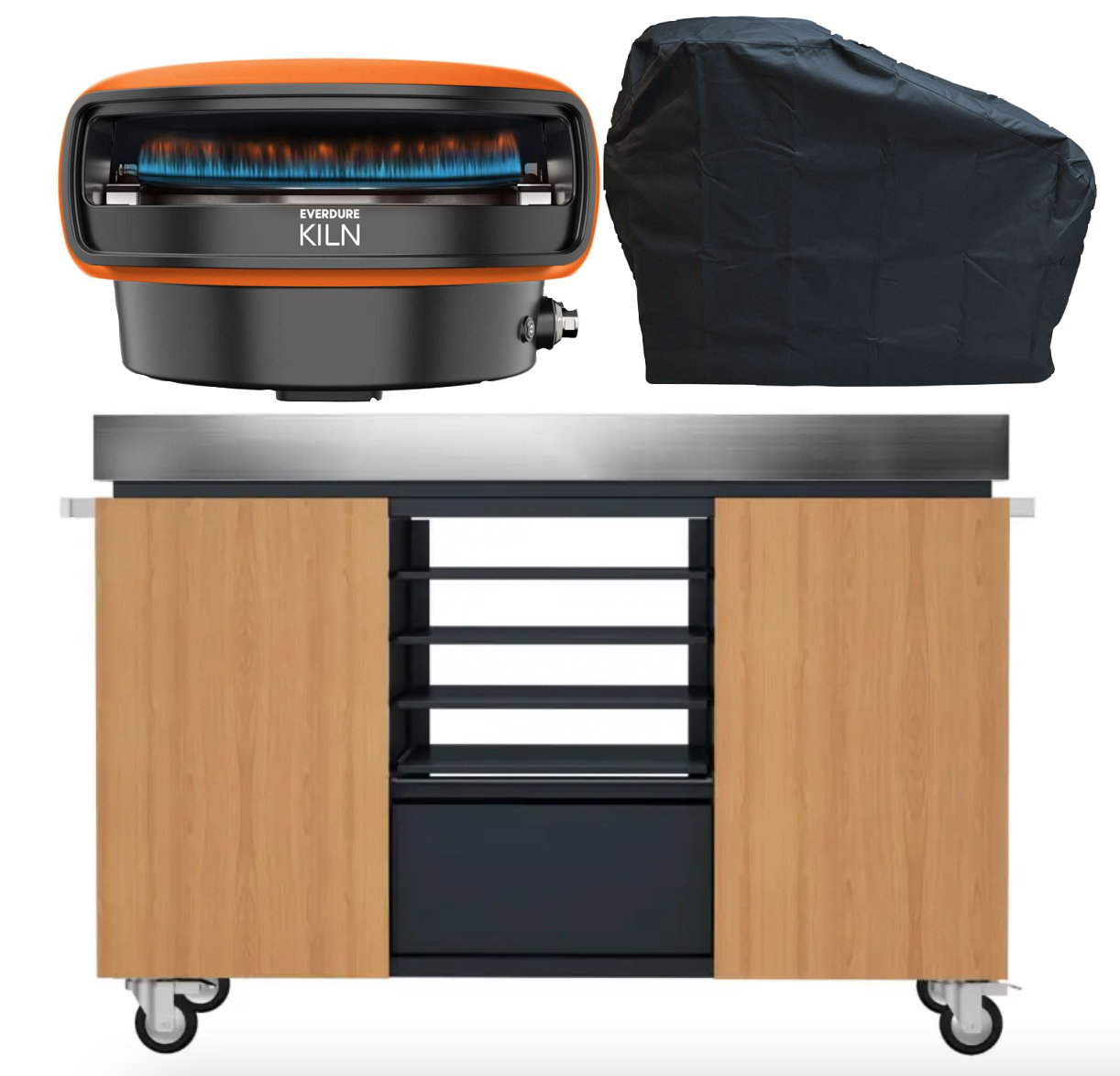Everdure KILN Pizzaofen 2 Brenner rotierend terracotta mit Pizza Station und Abdeckhaube